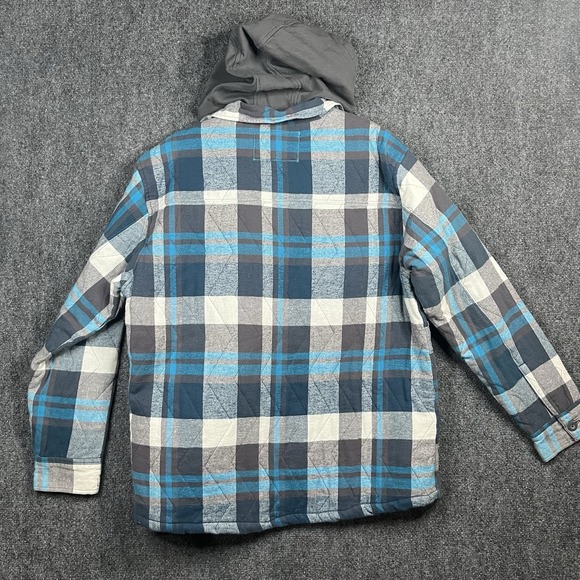 Vintage 90s Y2K OP Shacket Mens L Flannel Plaid Hoodie Quilted Blue Gray Skiwear - Picture 9 of 14